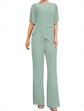 cheap Mom&#039;s Pant Suits-Pantsuit Mother of the Bride Dress Wedding Guest Elegant Simple Square Neck Floor Length Polyester Short Sleeve with Solid Color