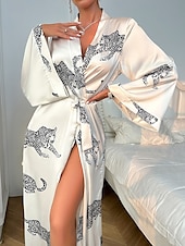 abordables Chemises de nuit et nuisettes pour femmes-Femme Pyjamas Vêtements d&#039;intérieur robe Décontractées Confort Animal Fermeture Avant Gilet Intérieur du quotidien Robe longue Col V Noir Blanche Eté Printemps Automne Hiver Ample