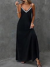 abordables Robe Simple-Robe Maxi Femme Robe A Ligne Robe de Plage Uni Robe de Glissement Vacances Décontractée Quotidiennes Ajustement Normal Graphique Color Block Sans Manches Col V Noir Été Printemps