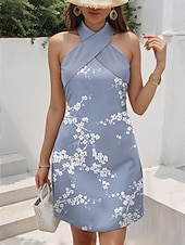 preiswerte Blumenkleider-Damen Minikleid Sommerkleid A Linie Kleid Urlaub Lässig Outdoor Ausgehen Normale Passform Blumen Grafik Ärmellos V Ausschnitt Rosa Blau Grün Sommer