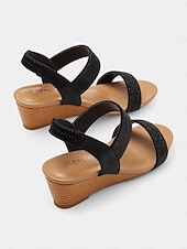 tanie Kobiety-damskie sandały na koturnie z kryształkami – brązowe, odkryte palce, elastyczne paski, wygodne buty na lato, okazje codzienne i eleganckie