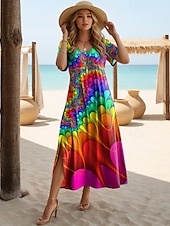 cheap Art&amp;Design Dress-Women&#039;s Midi Dress Sundress A Line Dress Vacation Casual Boho Butterfly Sleeve Vacation Going out Regular Fit Floral Graphic Rainbow Short Sleeve Crewneck Light Purple Purple Rainbow Summer