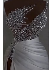 preiswerte WEISS-Meerjungfrau  Trompeten Abendkleid Elegantes Kleid Karneval Maskerade Bodenlänglich Ärmellos Schulterfrei Satin mit Perlen Überrock
