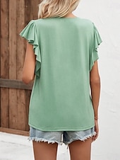 billige Bluser og skjorter-Dame Sommertopper عادي Fritid Kortermet Kappeerme V-hals Vanlige topper Drapering Svart Hvit Lysegrønn Blå Grønn Sommer