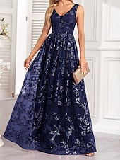 levne Večerní šaty-A-line quinceanera šaty elegantní šaty svatba svatební host dlouhé po zem bez rukávů V výstřih tyl bez zad se sklady