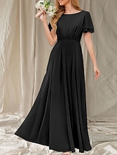 baratos Vestidos para Madrinhas-Vestido de dama de honra em linha A, gola redonda, manga curta, elegante, comprimento até o chão, chiffon com faixa / fita / franzido 2025