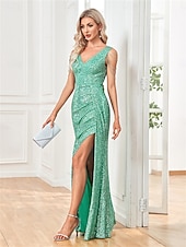 voordelige Schoolfeestjurken-Zeemeermin  Trompet Quinceañera Jurken Elegante Jurk Bruiloft Bruiloft Gast Vloerlengte Mouwloos V-Hals Polyester met Pailletten