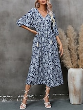 economico Abito Floreale-Abito Midi Donne Abito A Line Abito Fit And Flare Bohemia Vacanza Maniche A Lanterne Casual Quotidiano Fit Regolare Grafica Mezza Manica Collo a V Blu Navy Estate Primavera