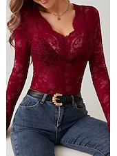 preiswerte Spitzenoberteile-Damen Spitzenhemd Bluse Glatt Stilvoll Langarm V Ausschnitt Normale Oberteile Täglich Ausgehen Spitze Schwarz Weiß Wein Sommer