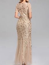 cheap Floor Length-Mermaid / Trumpet Wedding Guest Dresses Elegant Dress Wedding Guest Birthday Floor Length Short Sleeve Crew Neck Tulle with Sequin Embroidery