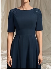 abordables Longueur du thé-Robe Mère de la Mariée A-Line Invité de Mariage Élégante Col Arrondi Longueur Thé Chiffon Manches Courtes avec Perles Appliques Robe Midi 2025