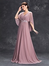 cheap Floor Length-Dress Mother of the Bride Dress Elegant Party V Neck Floor Length Polyester Half Sleeve with Appliques 2025