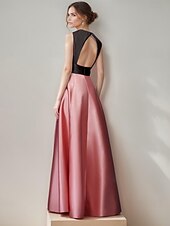 baratos Rosa-Vestido de noite em linha A, elegante, com blocos de cores, costas vazadas, formal, casamento, comprimento até o chão, sem mangas, decote em V, cetim com bolso lateral 2025