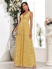 economico Semi-formale / Cocktail-Abiti A-Line per Quinceanera abito elegante matrimonio invitata a matrimonio lunghezza fino al pavimento senza maniche scollo a V in pizzo con pieghe