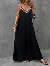 abordables Robe Simple-Robe Maxi Femme Robe A Ligne Robe de Plage Uni Robe de Glissement Vacances Décontractée Quotidiennes Ajustement Normal Graphique Color Block Sans Manches Col V Noir Été Printemps