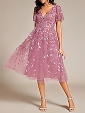 cheap Cocktail Dresses-A-Line Cocktail Dresses Elegant Dress Homecoming Party Wear Tea Length Short Sleeve V Neck Sequined with Sequin Dresses