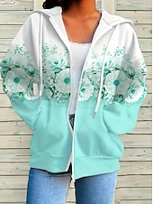 tanie Kwiatowe topy-Kobieca bluza z zamkiem błyskawicznym oversize kwiatowa active vintage sportowa długi rękaw kaptur regularne bluzki casualowe wakacyjne z regulacją kieszeń z przodu różowy niebieski fuksja zielony
