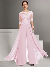 abordables Combinaisons pour maman-Combinaison deux pièces  tailleur mère de la mariée invitée de mariage église élégante petite décolleté bateau longueur sol chiffon manches mi-longues avec appliqués taille personnalisée gratuite