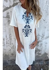 economico Abiti casual bianchi-Per donna Abito Midi Abito in cotone e lino Moda Essenziale Quotidiano Uscire Spiaggia Vestibilità regolare Fiore Manica Corta Scollo a V Bianco Giallo Rosa Vino Estate