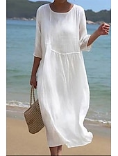 cheap Dresses-Women&#039;s Midi Dress Cotton Linen Dresses Casual Dress Fashion Basic Classic Daily Beach Weekend Regular Fit Plain Half Sleeve Crew Neck White Pink Light Blue Summer