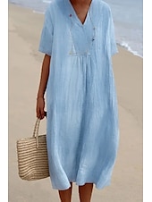 abordables Robes-Femmes Robe Midi Robes en coton et lin Robe en coton et lin Mode Classique Moderne Vacances Quotidien Fête Coupe régulière Uni Manche Courte Col en V Vert Claire Rose Claire Bleu Vert Été