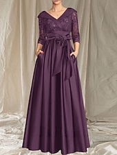 billiga Golvlängd-A-linjeformad Mor till Bruden Klänning Bröllop Gäst Elegant V-ringad Golvlängd Satin Spets 3/4 Längd Ärmar Med Spetsrosett Fickor