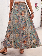 cheap Graphic Skirts-Women&#039;s Skirt A Line Swing Casual Boho Maxi High Waist Skirts Graphic Paisley Print Split Ends Vacation Holiday Blue Purple Summer Polyester