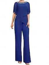 cheap Mom&#039;s Pant Suits-Pantsuit Mother of the Bride Dress Wedding Guest Elegant Simple Square Neck Floor Length Polyester Short Sleeve with Solid Color
