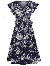 abordables Robes fleuries décontractées-Femmes Robe Midi Robe ajustée et évasée Élégant ancien Coupe régulière Vintage Manche Courte Col en V Noir Bleu de minuit Été Printemps