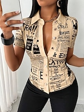 economico Top da Lavoro per Donne-Blusa Per donna Nero Bianco Rosa Giornale Fibbia Stampa Quotidiano Elegante Scollo a V Vestibilità regolare S
