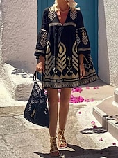 abordables Robes Boho-Femmes Mini Robe Robe trapèze Occasionnel Extérieur Sortir Coupe régulière Graphique Géométrique Manche 3/4 Col en V Noir Été