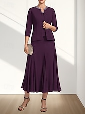 olcso Tea hossza-Két részes A-vonalú menyecske anyukájának ruha Esküvői vendég Elegáns Kerek nyak Tea hosszúságú Chiffon 3/4 Hosszú ujjú Gyöngyözéssel Midi ruha 2025