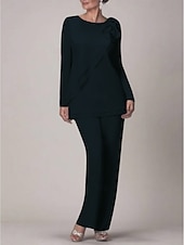voordelige Broekpakken van mama-Strand Bruiloft Twee Delige Jumpsuit  Pantsuit Moeder van de Bruid Bruiloft Gast Elegante Plus Size Juweel Hals Vloerlengte Chiffon Lange Mouw met Strik(ken) Rimpelingen 2025