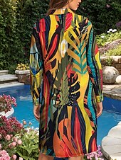 abordables Robe hawaïenne-Femmes Robe Midi Robe T-Shirt Occasionnel Date Coupe Ample Graphique Feuille manche longue Col de chemise Jaune Automne Hiver