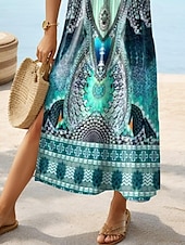 tanie Sukienki boho-Damskie Sukienka midi Sukienka letnia Sukienka A line Urlop Codzienny Boho Motylkowy Urlop Plaża Regularny Graficzny Geometryczny W Tureckie Wzory Krótki rękaw Wycięcie pod szyją Biały Żółty