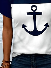 billige Stripe og geometrisk t-skjorte-Dame T skjorte Anker Fritid Kortermet Hals med hakk Vanlige topper Daglig Trykt mønster Navyblå Sommer Vår