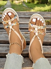 preiswerte Espadrillesandalen-Damen-Boho-Plateau-Keilsandalen – geflochtene Riemchensandalen mit Edelsteinakzenten für Freizeit, Strand und Urlaub