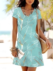 abordables Arte &amp; Diseño Vestido-Mujer Mini vestido Vestido estilo camiseta Vestido de una línea Vestido de verano Casual Diario Ajuste regular Graphic Hoja Manga Corta Cuello redondo Verde Claro Rojo Azul Piscina Púrpula Claro