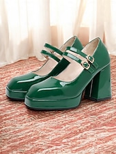 cheap 1980s-Women&#039;s 1980s Retro Double Strap Mary Jane Heels – Green Patent Leather Block Heel Platform Shoes for Vintage-Inspired Fashion, Parties, and Casual Wear