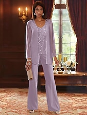 abordables Costumes-pantalons pour maman-Jumpsuit de mariage plage  costume 3 pièces mère de la mariée invitée de mariage formelle élégante luxueuse décolleté en V longueur sol chiffon dentelle sans manches wrap inclus avec perles paillettes