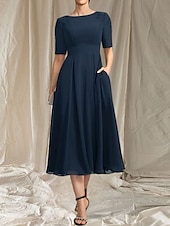 abordables Longueur du thé-Robe Mère de la Mariée A-Line Invité de Mariage Élégante Col Arrondi Longueur Thé Chiffon Manches Courtes avec Perles Appliques Robe Midi 2025