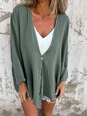 preiswerte Hemden-Damen Hemd Leinen-inspirierte Hemden Knopfleiste Bluse Einfach Basic Modern Langarm V Ausschnitt Normale Oberteile Täglich Ferien Knöpfe Schwarz Orange Braun Grün Beige Sommer
