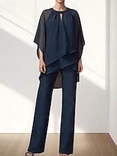 abordables Longueur du plancher-Ensemble Deux Pièces Combinaison Robe de Mère de la Mariée Invité de Mariage Élégante Col Montant Longueur de Sol Crêpe Manches 3/4 Avec Ruchés Perles 2025