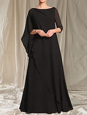 halpa Lattian pituus-A-linja Morsiamen äidin mekko Häiden vieras Elegantti Crew-kaula-aukko Lattianpituinen Chiffon 3/4-pituisella hihalla Helmiäistyksellä