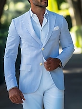 billige Blazer-herre seersucker blazer jakke frakk mote sommer stripete blazer himmelblå standard passform enkeltspent toknappet