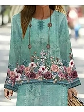 abordables Ensembles-Ensemble 2 pièces Femme Basique Néon  Lumineux Chemise Blouse Lin semblable Manches 3/4 Col en V Imprimé floral Décontracté Vert Été Coupe régulière