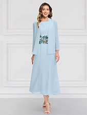 cheap With Jacket-Blue Green Floral Two Piece Dress Sets Mother of the Bride Elegant Vintage Jewel Neck Ankle Length Chiffon Long Sleeve with Lace Embroidery Flower