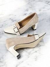levne Block Heels-dámské dvoubarevné semišové a lakované lodičky na podpatku - elegantní business a párty boty s detailem přezky