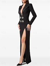 preiswerte Mamas Kleider-Kleid Mutter der Braut Kleid Elegant Partykleid Schwarzes Hemdkragen Bodenlänge Polyester Langärmel mit Kristallperlen