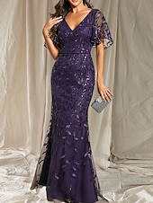 economico Lunghezza del pavimento-Sirena / Tromba Abito da cerimonia per signora Ospite di nozze Elegante Brillare &amp; Splendere Scollo a V Lunghezza al pavimento Raso Pizzo Manica Corta con Pizzo Fascia / Nastro 2025